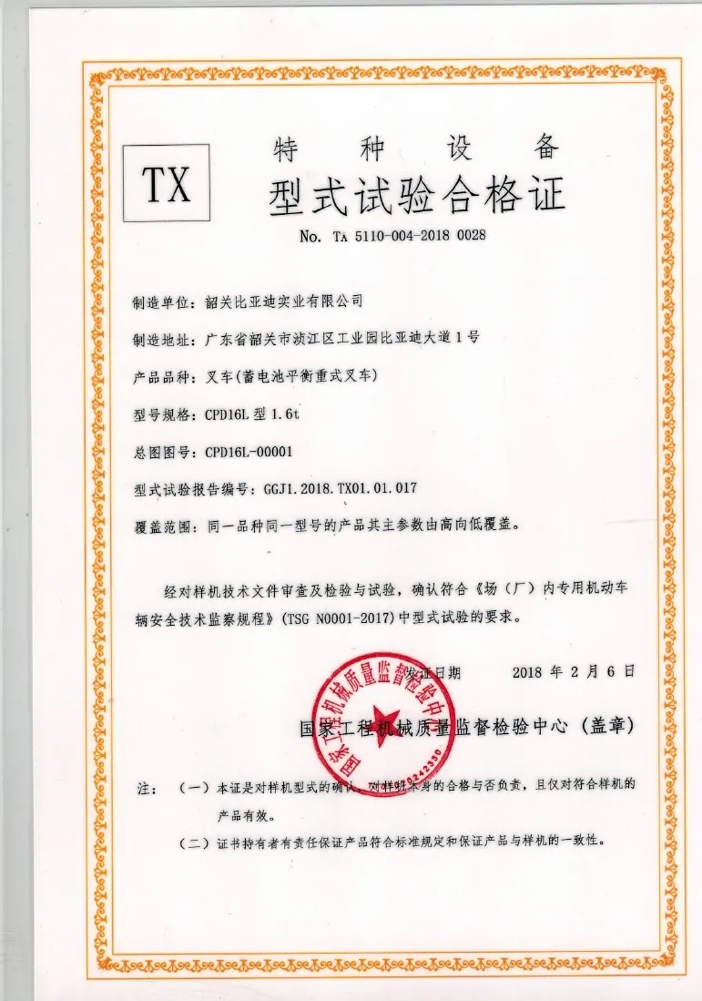 CPD16L型1.6t型式试验合格证